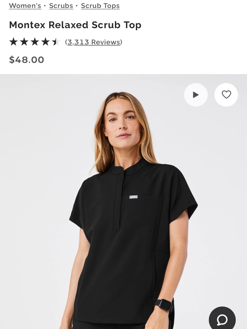 Figs Montex Relaxed Scrub Top Black Medium